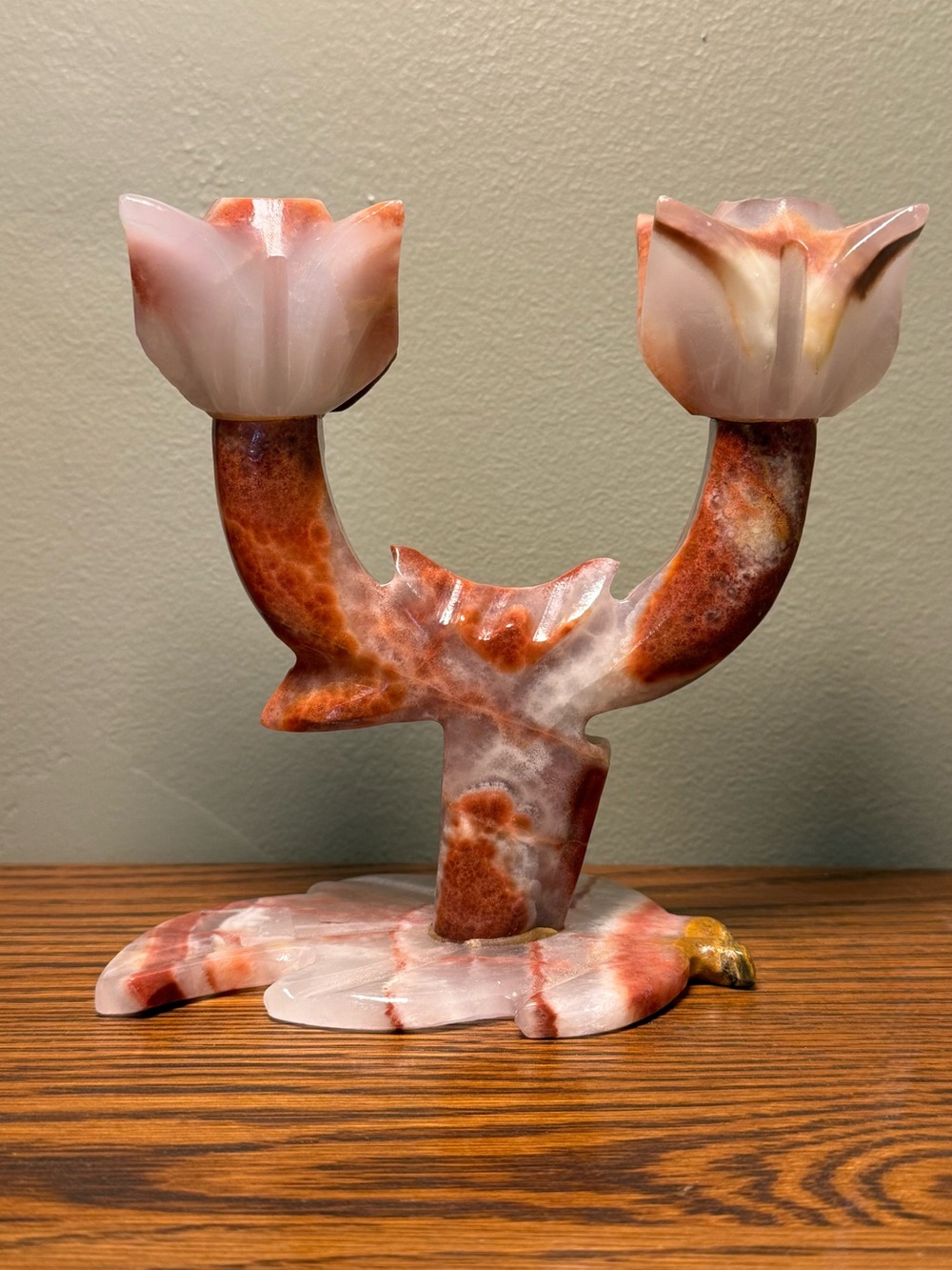 Vintage Hand Carved Onyx Marble 2-Arm Tulip Candelabra